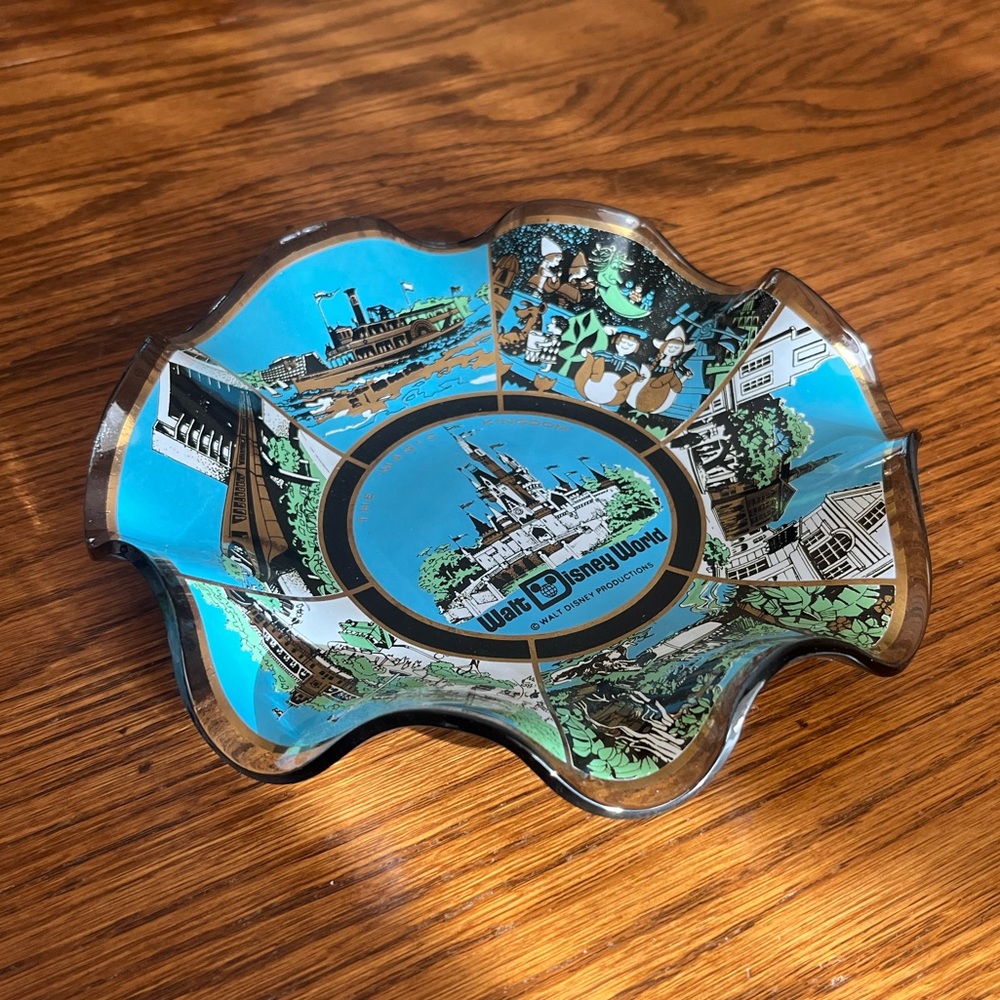 Vintage Disney World Fluted Ruffle Blue & Black Glass Candy Bowl Dish 7” 1970’s